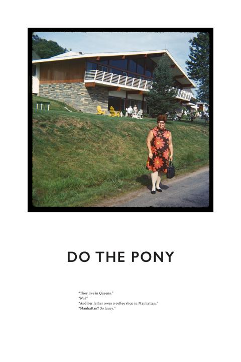A mid-century photo of a woman in a patterned dress standing on a lawn in front of a house with the words "Do The Pony" below.