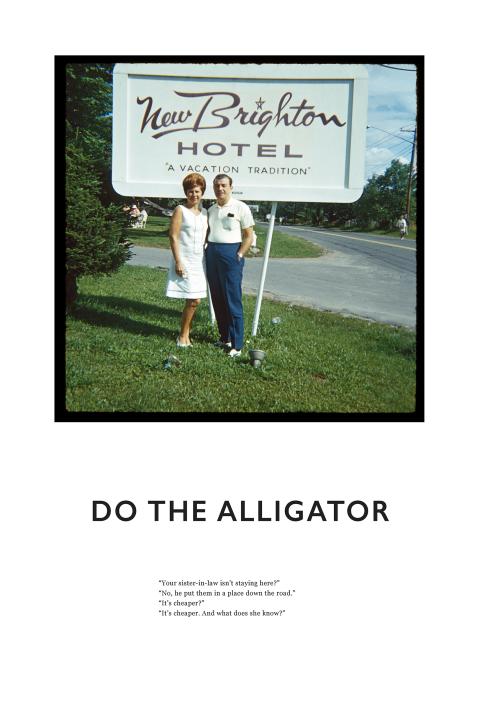 A mid-century photo of a couple posing by a Hotel sign with the words "Do The Alligator" below.