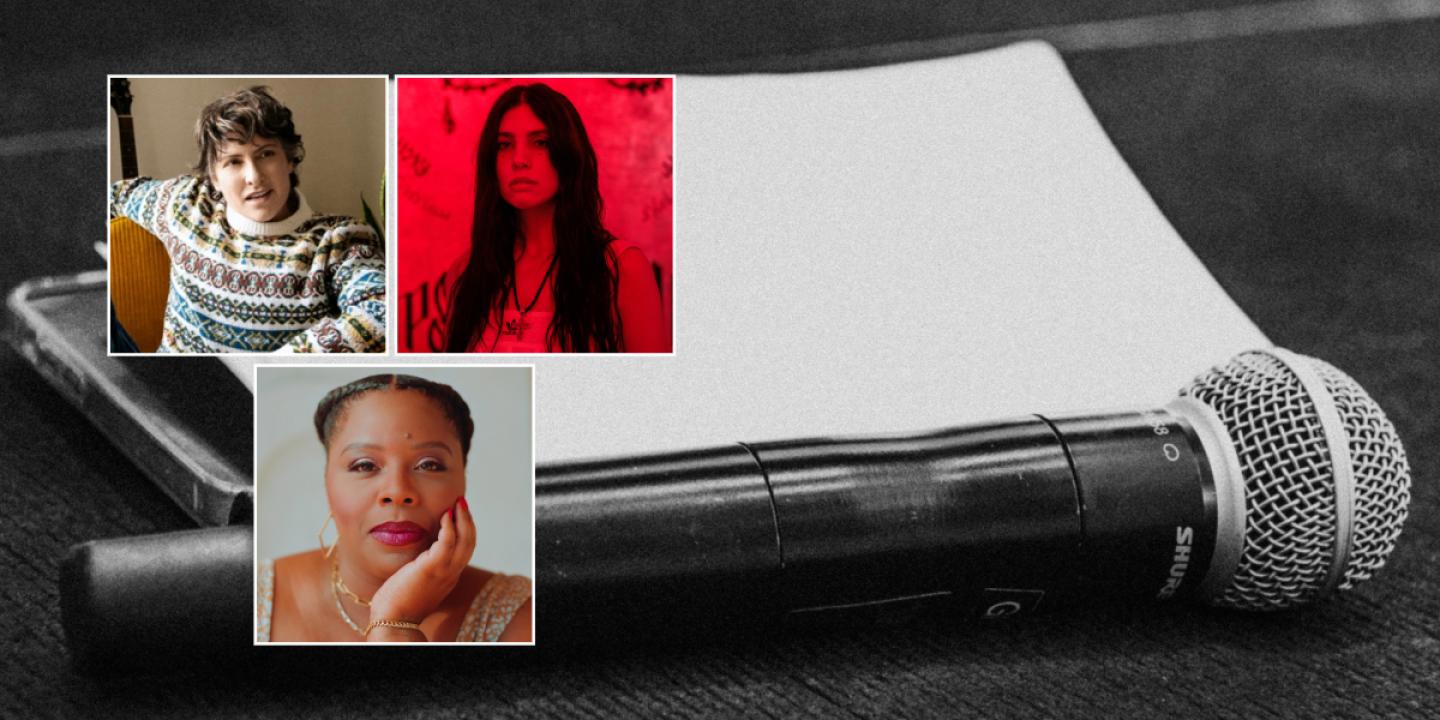 Headshot for Joey Soloway, Nadya Tolokonnikova, and Patrisse Cullors appear over a black and white photograph of a hand held microphone on a floor beside folded white paper.