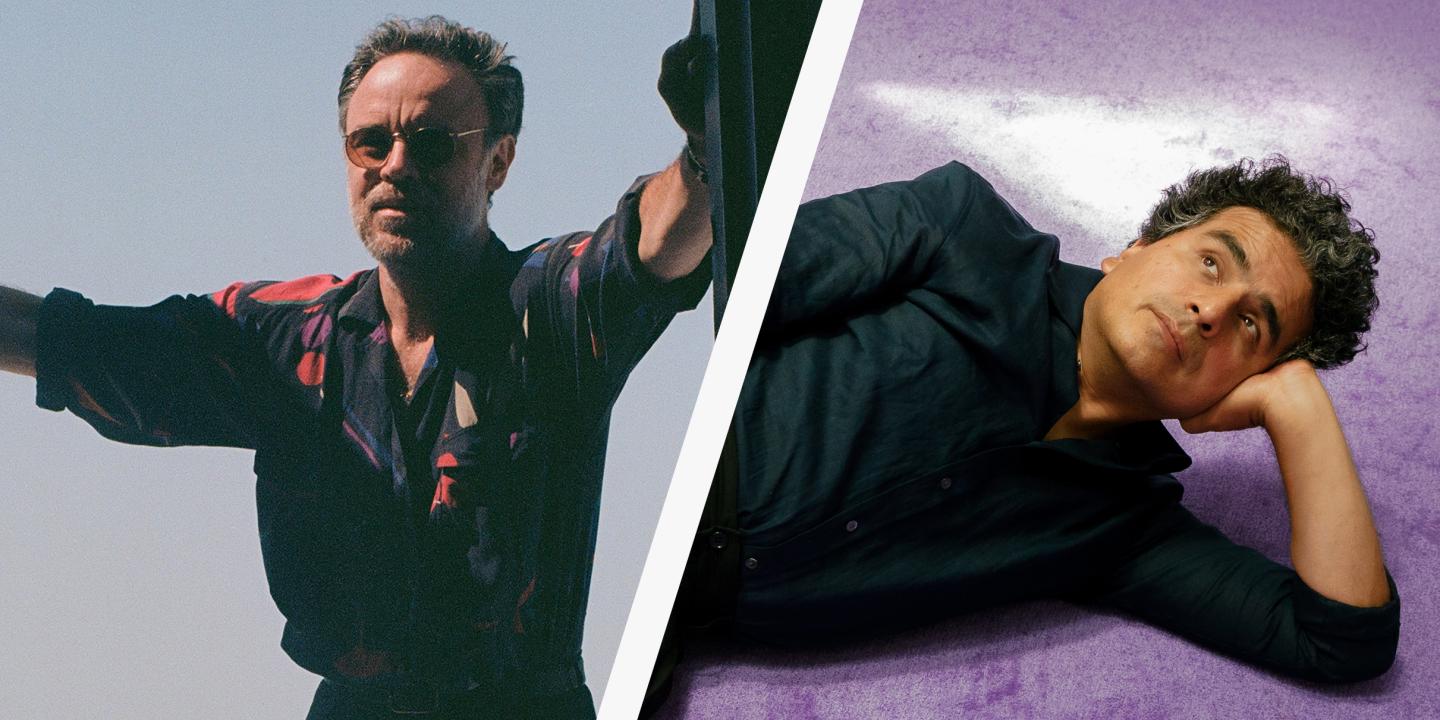 Two portrait shots side by side of two different male musicians.