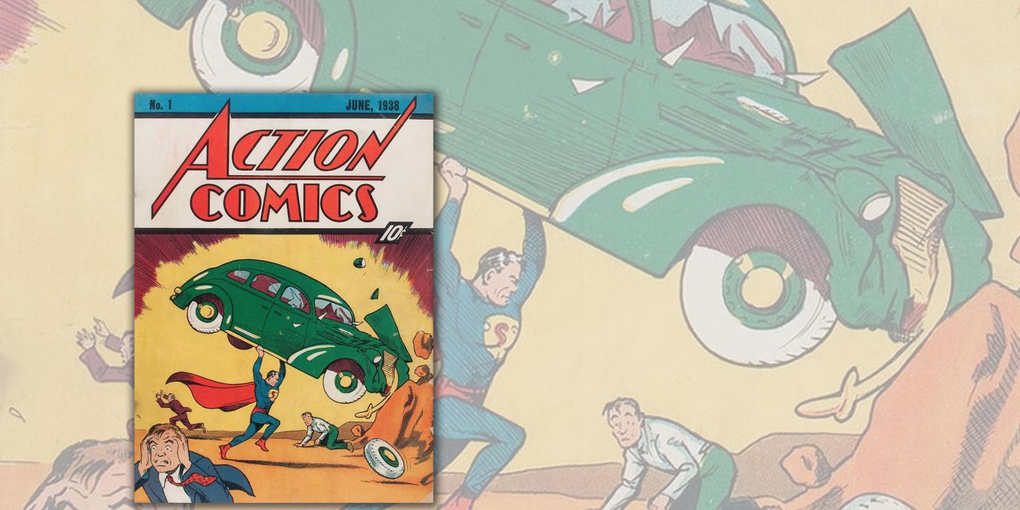 A1938 comic book cover of superman lifting a VW bug in the air.