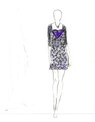 A fashion drawing in colored pencil of a short black mini-dress and jacket.