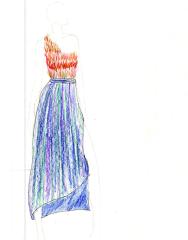 A fashion drawing in colored pencil with an one shoulder feather top in red and a long blue skirt.