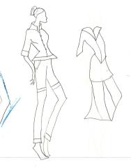 A fashion drawing in pencil of a model in shorts and a blazer.