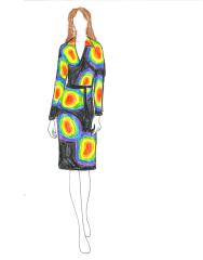 Fashion illustration: Black dress with rainbow blob pattern