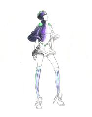 Fashion illustration: Shorts jumper in purple and white with bell sleeves