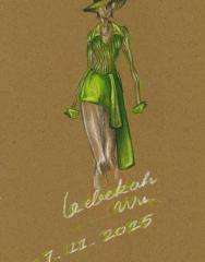 A fashion sketch of a green dress and hat on dark paper