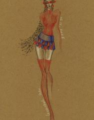 A fashion sketch of a of a miniskirt and tall boots on dark paper