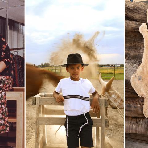 Three images feature a portrait of Diane von Furstenberg, a young child standing in an outdoor space for riding horses, and artists Tiffany Shlain and Ken Goldberg with their wood artwork.