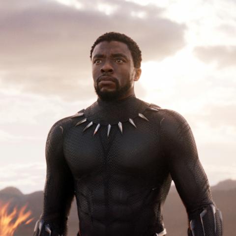 Still from the film showing Black Panther walking towards the camera with a burning ship behind him.