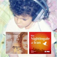 An old home photoe of sisters Galeet and Danielle at a young age sitting on a bed each wearing large headphones and listening to music. The Monajat album cover and The Nighingale of Iran podcast thumbnail sit in the bottom right corner.