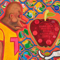 Colorful painting depicting Hancock’s character Torpedo Boy looking at a large red apple being offered to him by a hooded, white figure.